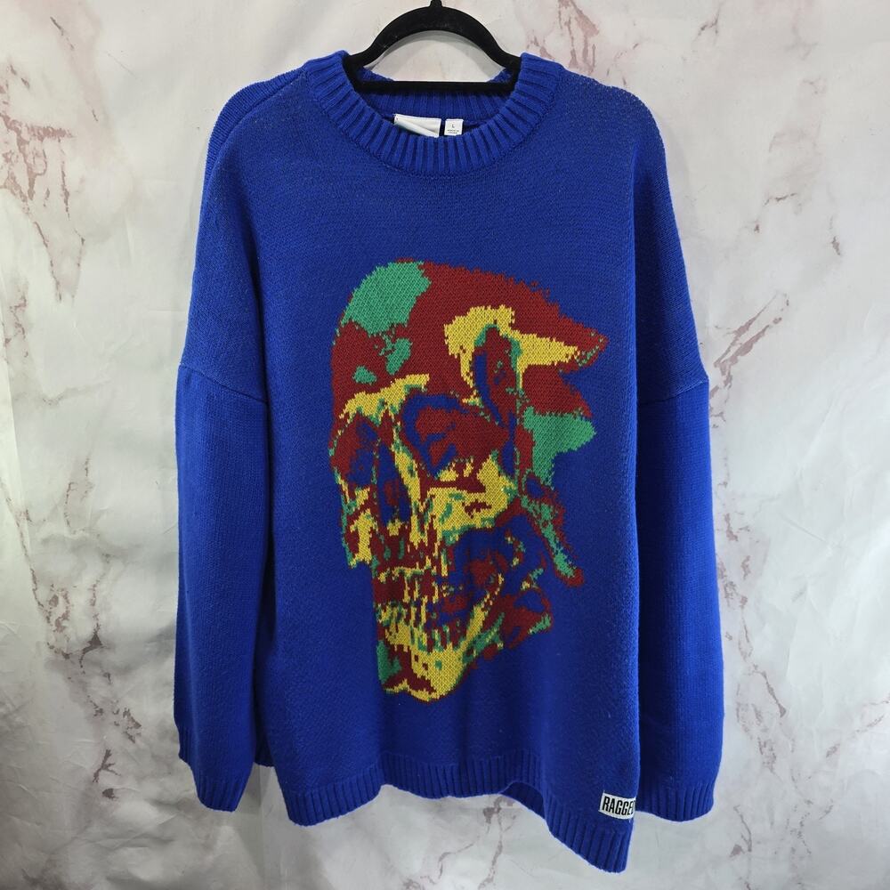 The Ragged Priest Sweater Mens Large Blue Red Yellow Skull Skeleton Jumper Knit
